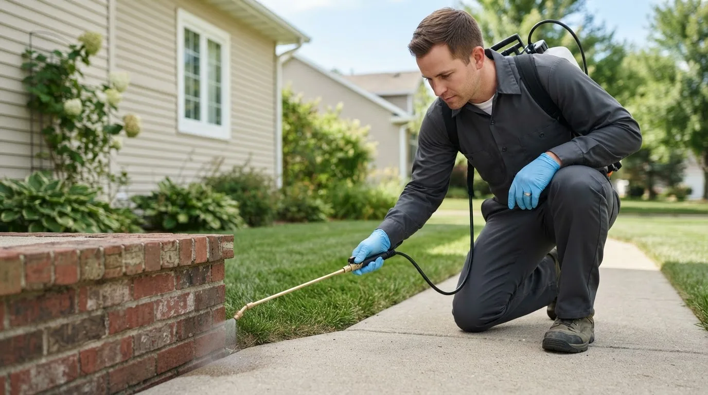 Pest control technician treating a home near Kanopolis, KS